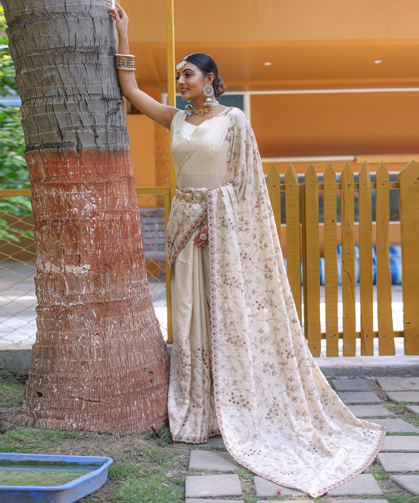 Ivory Aaisha Tussar Silk Embroidered Saree