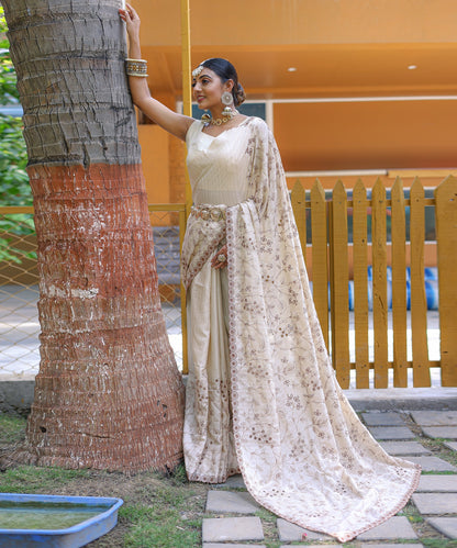 Ivory Aaisha Tussar Silk Embroidered Saree