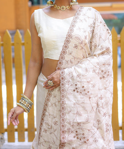 Ivory Aaisha Tussar Silk Embroidered Saree