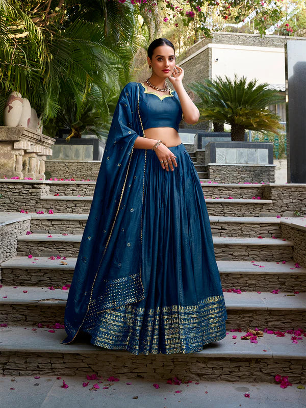 Navy Blue Chanderi Lehenga with Zari Weaving Work – Designer Festive & Wedding Wear Lehenga