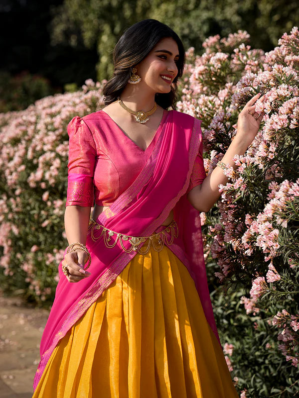 Mustard Kanchipuram Silk Lehenga Choli – Traditional Zari Weaving Work South Indian Set