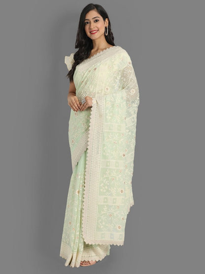 Pista Colour Faux Georgette Beautiful Lakhnavi Work Saree