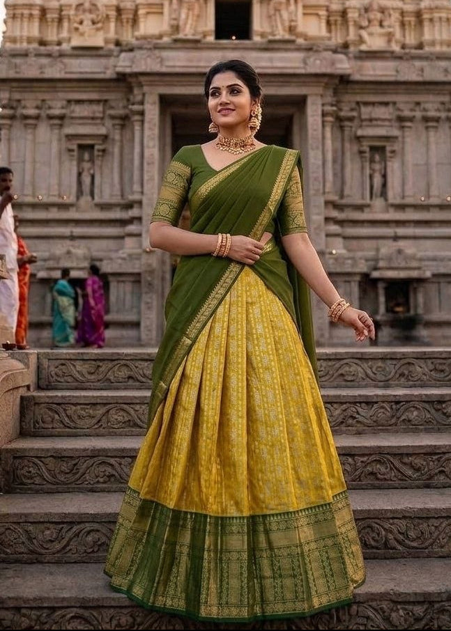 Yellow and Green Kanjivaram Silk Zari Weaving Work South Indian Half Saree Lehenga Choli Set flat lay view by The Beauty Queen