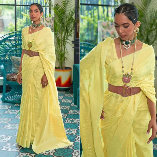 Yellow Woven- Sequence Handloom Silk Saree