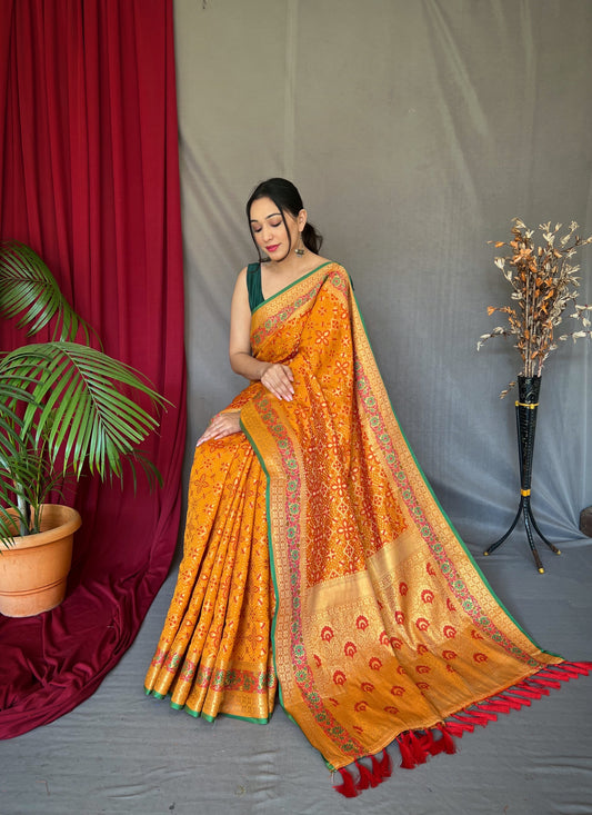 Yellow Color Ethnic Motifs Zari Silk Blend Patola Saree