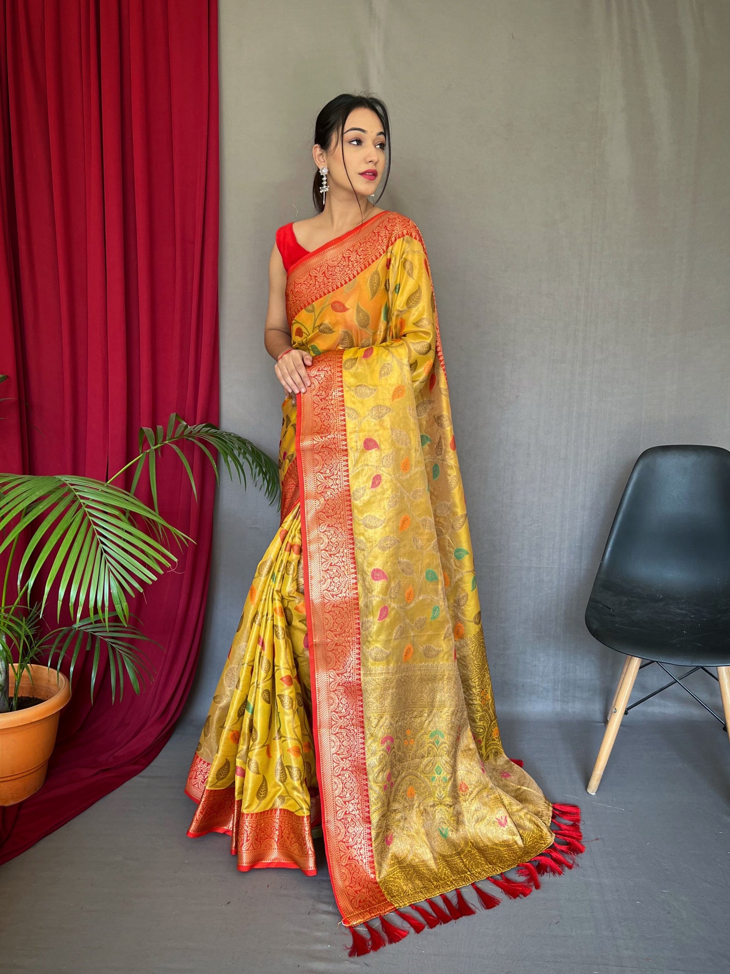 Yellow Color Pure Tissue Silk Saree With Zari Weaving