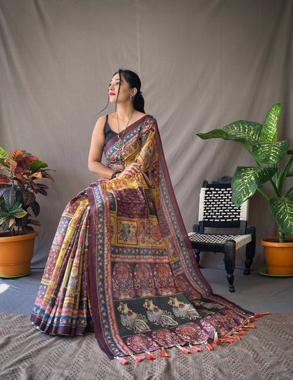 Yellow Soft Cotton Kalamkari Prints Saree