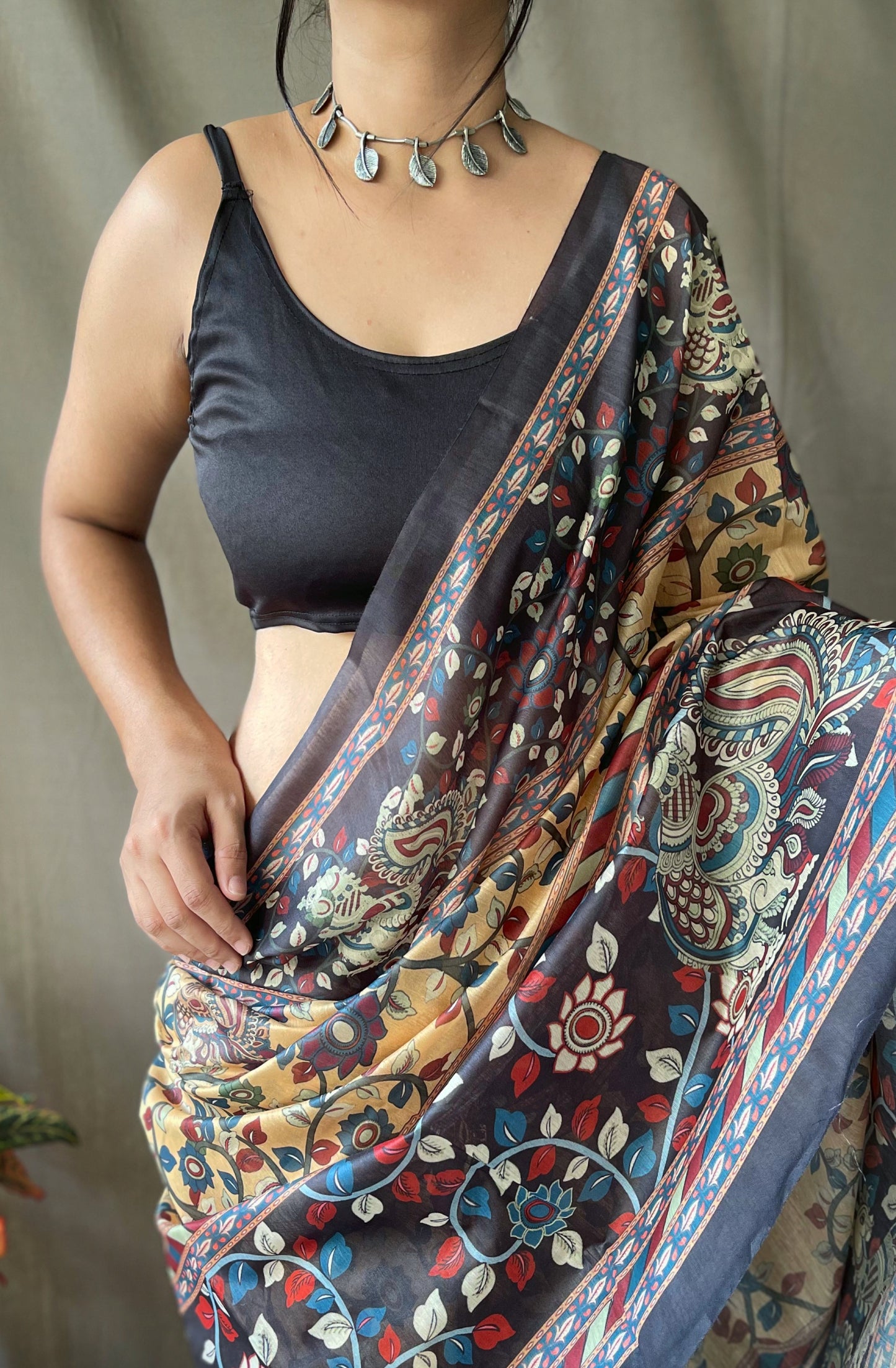 Yellow Color Pure Cotton Kalamkari Digital Printed Saree with Tassels