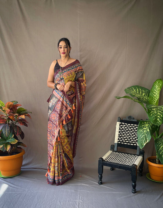 Yellow Soft Cotton Kalamkari Prints Saree