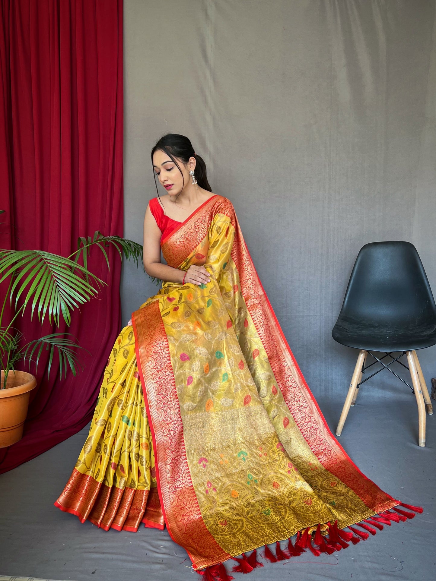 Yellow Color Pure Tissue Silk Saree With Zari Weaving