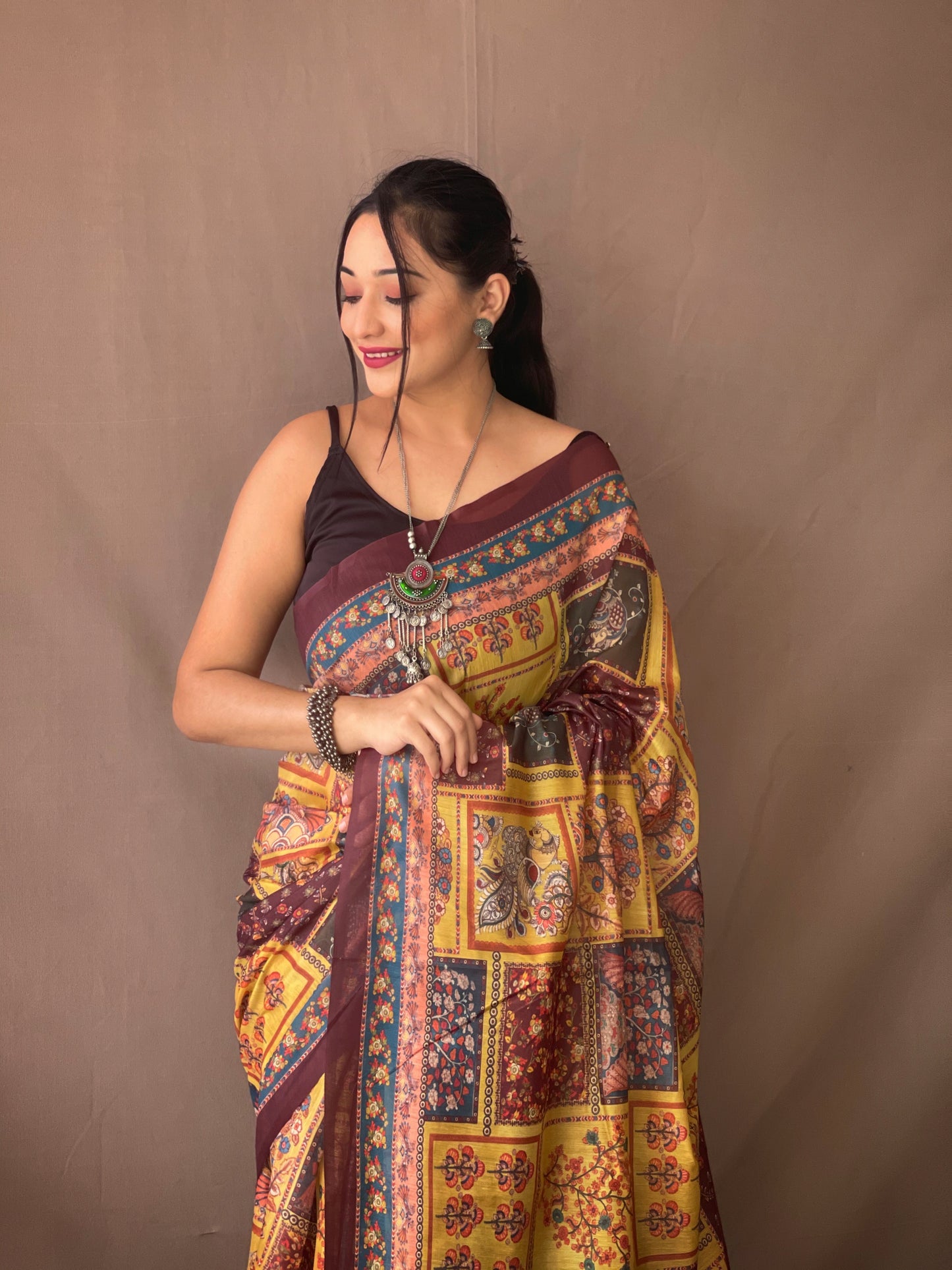 Yellow Soft Cotton Kalamkari Prints Saree