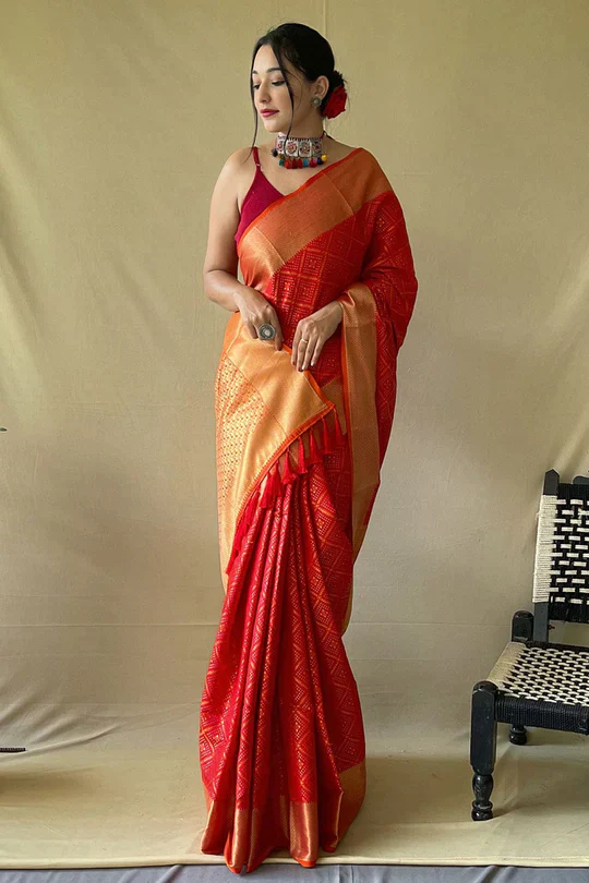 Kanchipuram Silk Sarees - Chilli red kanchipuram silk saree in gold zari  border from manufacturer at kanjivaram silks. 🛒 Click the link to see  price https://kanjivaramsilks.com/kanchipuram-silk-sarees/ 📱 WhatsApp:  9677063537 Fabric: Pure kanchipuram