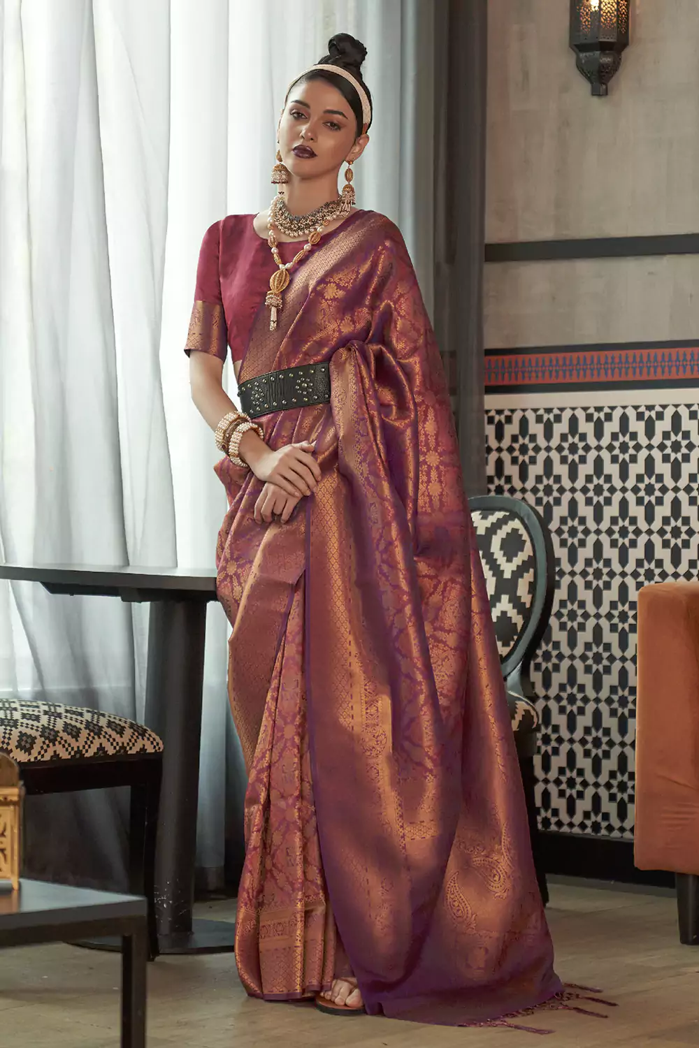 Buy All About You Burgundy & Gold Toned Ethnic Motifs Zari Silk Blend  Kanjeevaram Saree - Sarees for Women 16503934 | Myntra