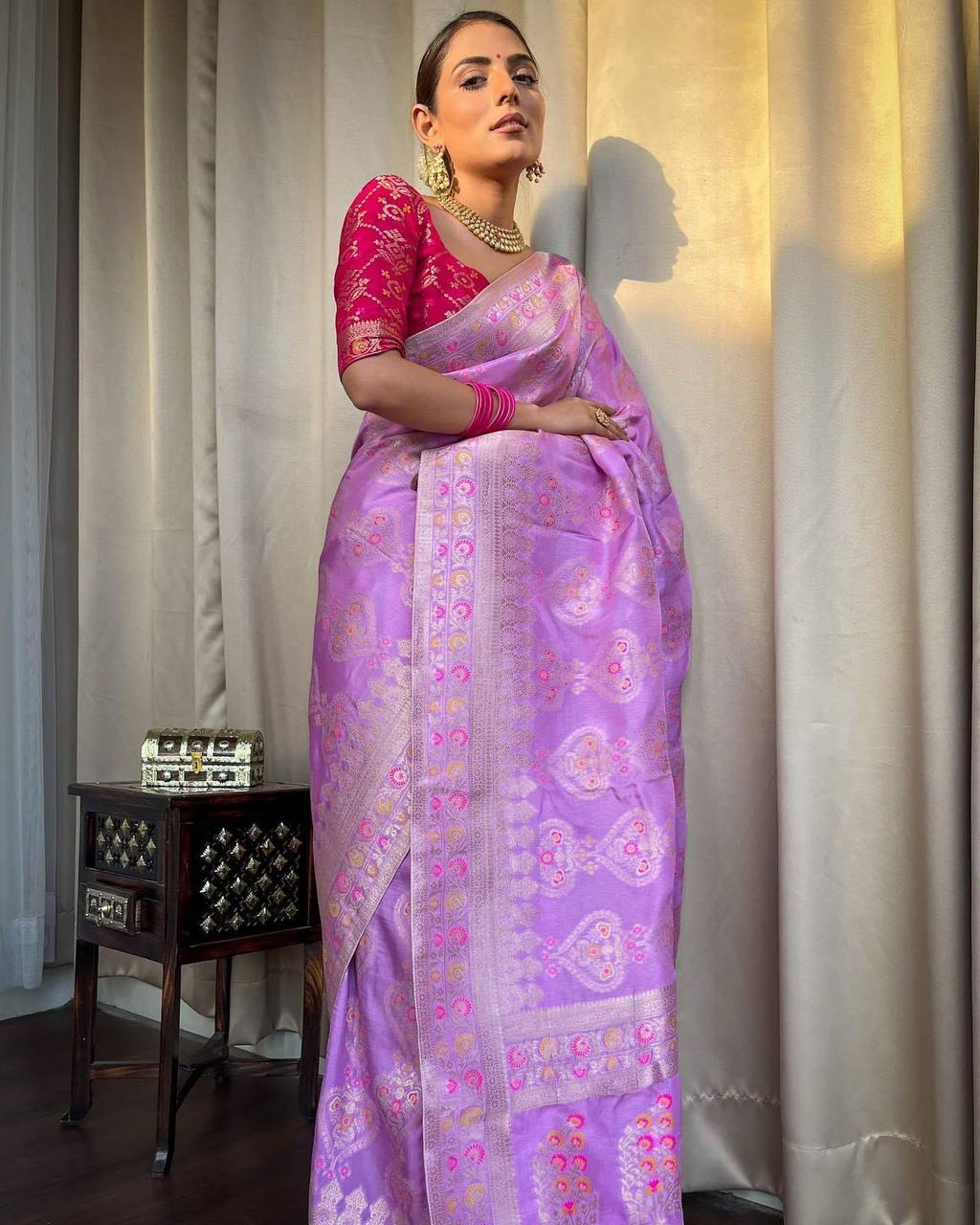 Light Purple Pure Viscose Silk Saree With Green Weaved Blouse – Mehak  Boutique